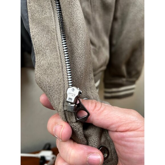 ZARA Varsity Bomber Jacket Mens M Faux Suede Taupe Tan Snap Front YKK Zip Lined - Picture 9 of 11